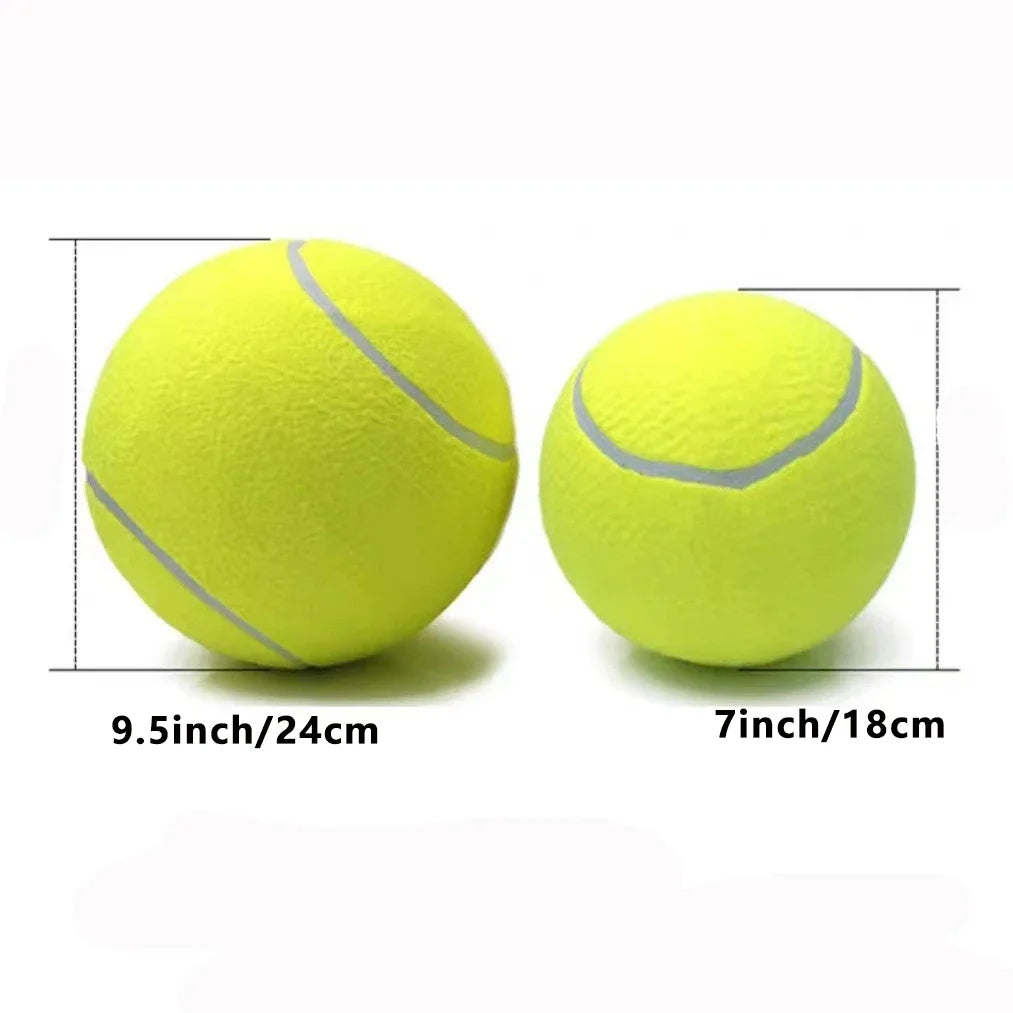 Two yellow tennis balls with measurements on a white background